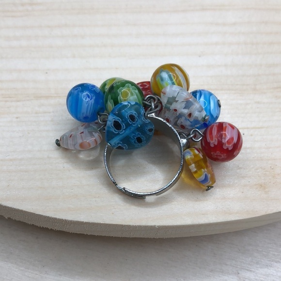 Millefiori Art Glass Bead Cluster Ring Murano Style Boho Statement Size - Picture 4 of 5